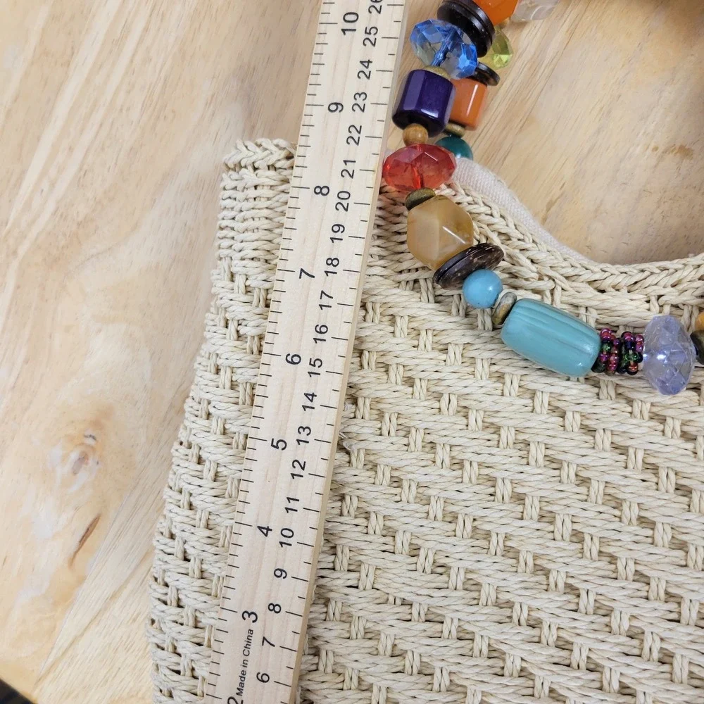 Cappelli Straworld Woven Straw Handbag Chunky Multicolor Beaded Ring Handle Tote